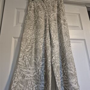 Christian Siriano White & Light Green Botanical Wide-Leg Pants 100% Linen